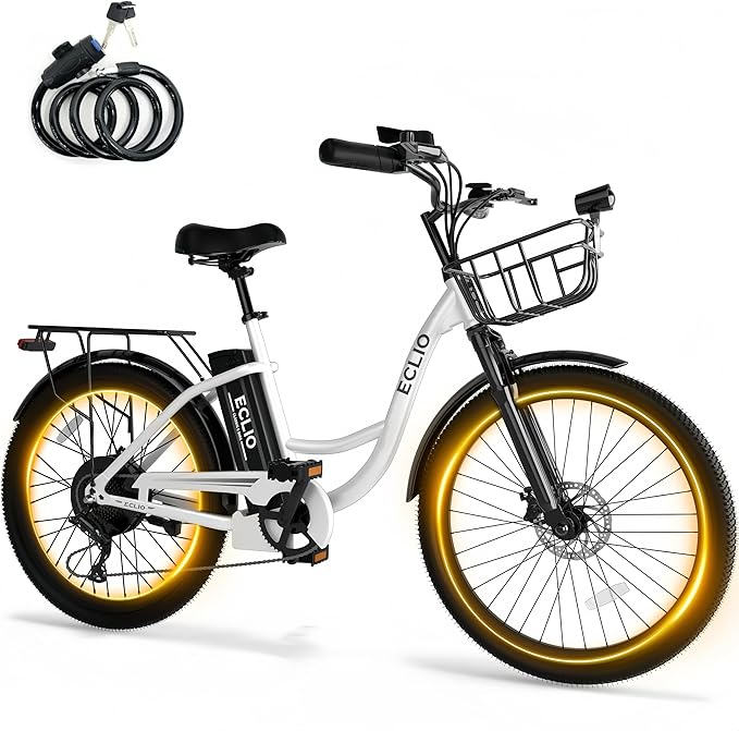 Electric Bike for Adults, Peak 700W Motor 20MPH, 374.4Ah Removable Battery 50Miles Ebike, 24'' Step Thru City Cruiser E Bike,7-Speed,Full Suspension,Front Basket, Full Suspension,UL 2849 Standard
