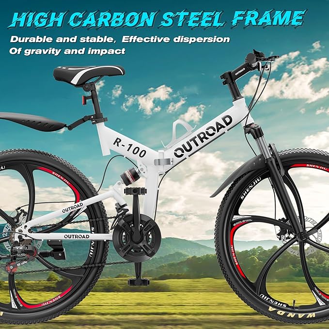 26" Foldable MTB – 21-Speed Full Suspension, High-Carbon Steel Frame, Dual Disc Brakes & Quick-Release Tires – Adults & Teens (Multiple Colors)