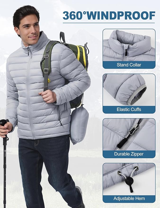 Men's Lightweight Packable Puffer Jacket Insulated Warm Winter Jackets Puffy Coat for Ski Hiking Travel