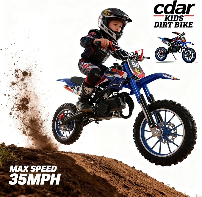 49cc Kids Dirt Bike,2-Stroke Children Moto Gas Powered Motorcycle Off Road Mini Bike Beach Vehicle with Front Rear Disc Brakes Pull Start for Boys & Girls Ages 8-14 Gifts Blue
