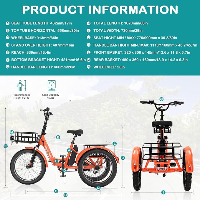 MOPHOTO Electric Tricycle for Adults, 20in 3 Wheels Folding Electric Bicycle Bikes, 48V 500W Electric Trike Ebike with Aluminum Frame, Removable Battery