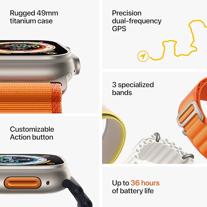 Apple Watch Ultra [GPS + Cellular 49mm] Titanium Case with Orange Alpine Loop, Small (Renewed)