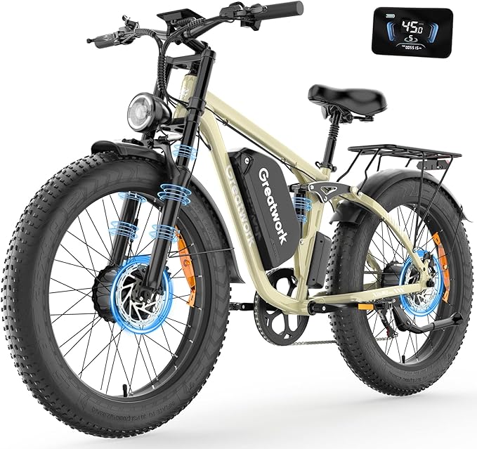 GREATWORK 52V 5000W Peak Dual Motor Electric Bike for Adults, 1300Wh Battery, Up to 45MPH & 100 Miles Range, 26" x 4.0 Fat Tire Electric Dirt Bike with Suspension, Mountain E-Bike for Men Women