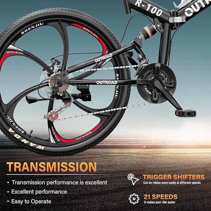 26 inch Folding Mountain Bike, Carbon Steel Frame and 21 Speed, Double Disc Brake and Dual Suspension Folding Bike for Adults/Men/Women, Easy Assembly Bicycle(Black/Green/Orange)