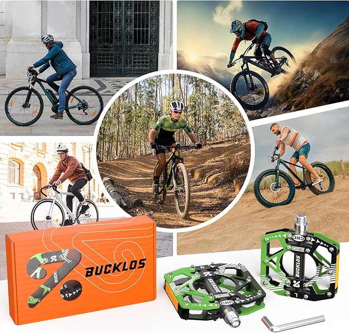 BUCKLOS MTB Bike Flat Pedals with Reflectors,Large Platform Mountain Non Slip CNC Aluminum Alloy Bicycle Pedals Sealed Bearing 9/16" Adult