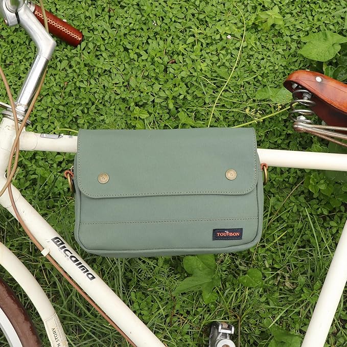 TOURBON Bike Bag Waxed Canvas Bicycle Handlebar Bag Zipper Closure Pouch Crossbar Front Frame Basket Cycling Saddebag Under Seat Strap-on Rear Rack Pannier (Green)