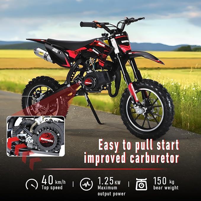 cdar Kids Dirt Bike, 49cc Gas Dirt Bike for Teens - 25MPH 2-Stroke Pit Bike with Hydraulic Disc Brakes & 10" Off-Road Tires Ages 13+ Max180lb Load Christmas for Boys Girl Red