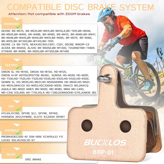 BUCKLOS Bike Disc Brake Pads for TRP Tektro Shimano MT200 Deore Br-M575 M525 M515 T615 T675 M505 M495 M486 M485 Ridstar Q20,Bicycle Disk Brakes Pads for Mountain Bike/Electric Bike/Road/Scooter/Ebike