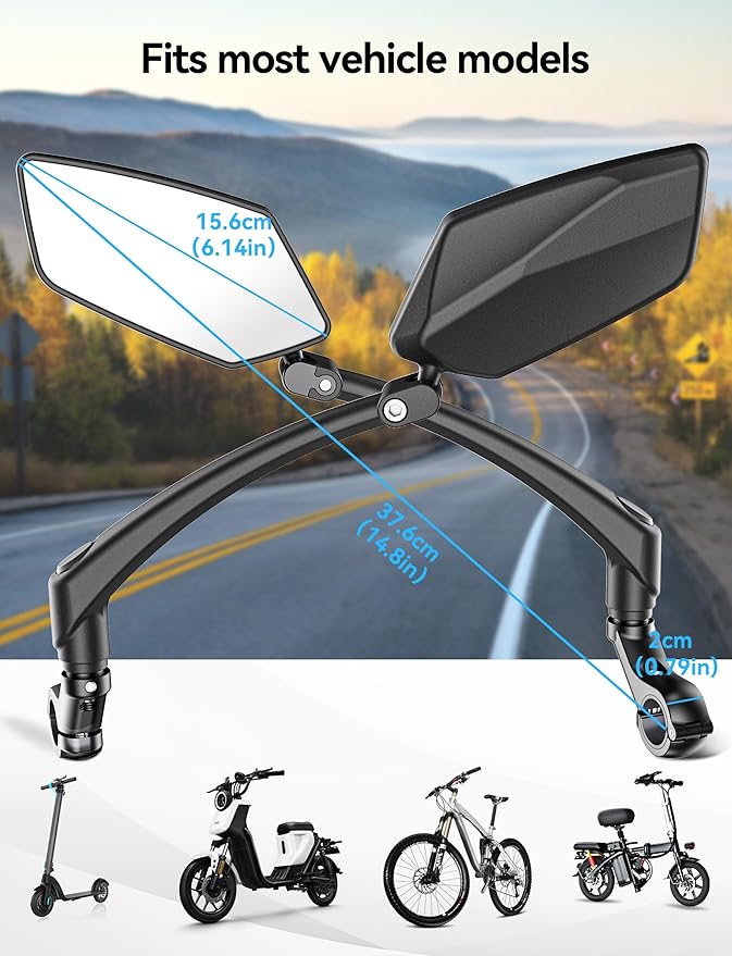 Bike Mirror Handlebar Mount 360° Adjustable and Rotatable, Wide Bicycle Mirrors for Handlebars with Long Arm, Safe HD Bike Rear View Mirror for Scooter, Motorcycle, Foldable Ebike Accessory Right