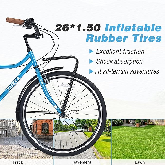 Vintage Style 26 Inch Adult Cruiser Bicycle Hybrid Bike 7 Speeds Commuter Bike for Women, Men, Seniors, SHMANO Shifter and derailleur Step-Over Steel Frame,Double Cargo Rack，4 Colors