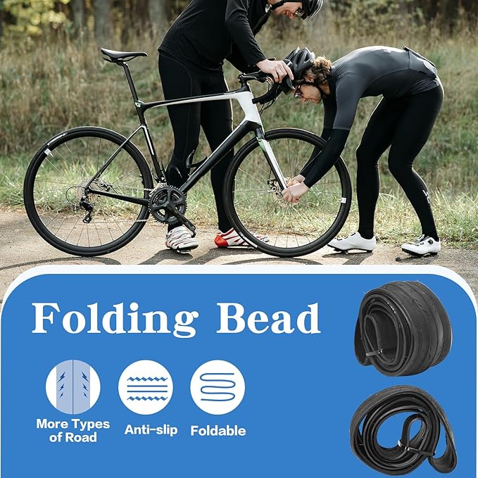 2 Pack 700x23C/25C/28C/35C/38C Bike Tires Plus Bike Inner Tubes Presta Valve 48mm or Schrader Valve 48mm Foldable Replacement Tires for Road Bicycle