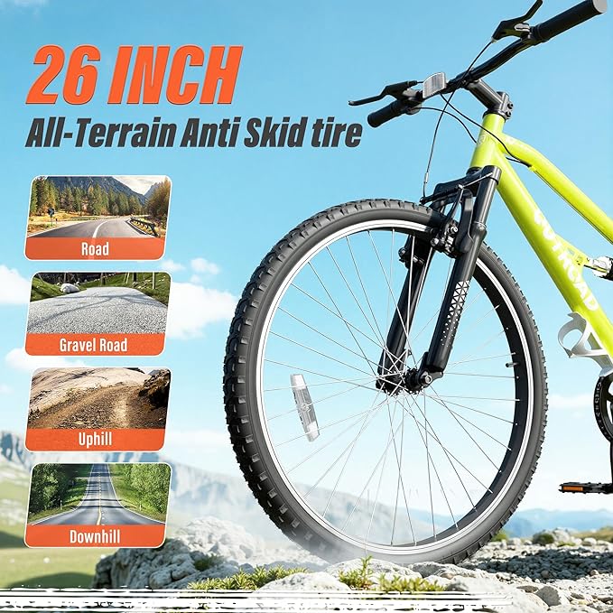 26 inch 7-Speed Commuter Bicycle,Hybrid Bicycle,Men's Cruiser Bike/Mountain Bike V Brake,Metal Frame, Adult Bike (Black, White, Blue, Green, Purple, Pink)