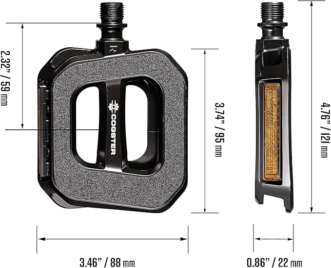 Grid Bike Flat Pedals with Sandpaper Grip Surface and reflectors for MTB, Road Bikes, City Bikes, Touring Bikes, Folding Bikes
