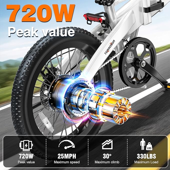 Foldable Electric Bike for Adults & Teens, 20" Fat Tire Foldable Ebike with 720W Peak Motor, 25MPH, 375Wh Removable Battery, 50 Miles Range, 5-Level Pedal Assist, Commuter Electric Bicycle
