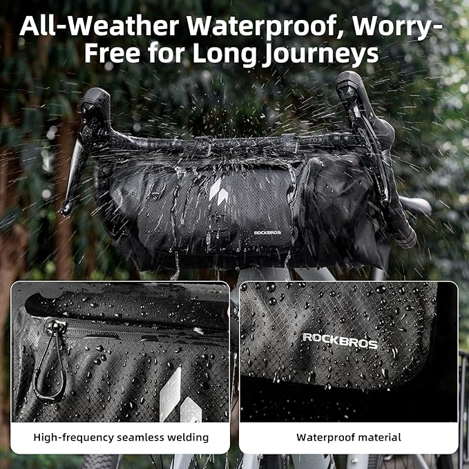 ROCKBROS Handlebar Bag Waterproof with Adjustable Capacity (Up to 8L)-Front Storage Pouch Bag with Waterproof Zipper Anti-Displacement Double-Side Open Compatible for Road Mountain Bike Cycling Travel