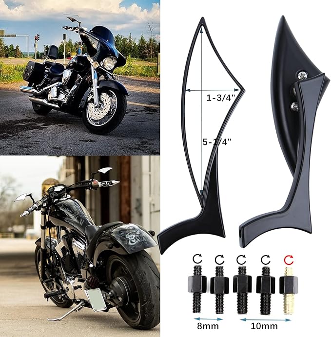 Black 8mm/10mm Motorcycle Spear Blade Rear View Side Mirrors for Cruiser Chopper Sportster Dyna Softail Street Bike Scooter Dirt Bike