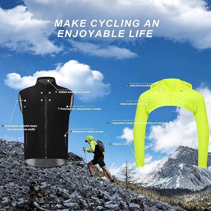 Men's Cycling Jacket Waterproof Windbreaker with Detachable Running Hiking Cycling Vest Packable Rain Coat