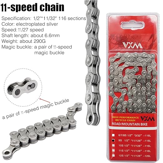 VXM Bike Chain 1/2" x 11/128" 116 Links 11-Speed, MTN BTX MTB Road, Alloy Steel, 3968 lbf, 1638 lbs/in