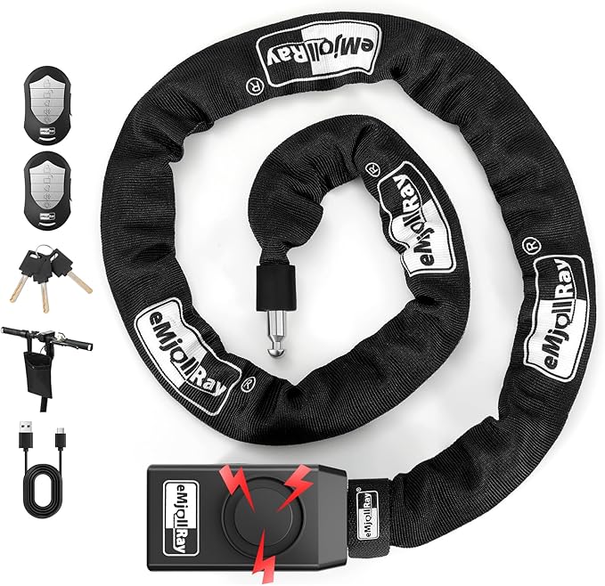 Bike Chain Lock with Alarm 8mm x 4ft E Scooter Lock Anti-Theft Alarm 110dB Security Heavy Duty with USB C Cable and 3 Keys for Bike/E Scooter/Motorcycle