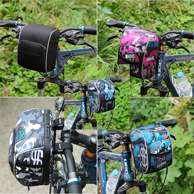 Blue Camo Handlebar Bag, Waterproof Handlebar Storage Bag, Large Capacity Bike Front Bag with Easy Mount, Ideal for MTB and Road Cycling, 7" x 6" / 19 x 14 cm