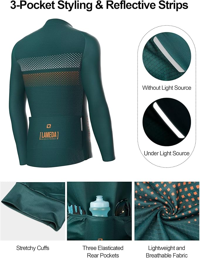 LAMEDA Men's Cycling Jersey Long Sleeve, Breathable Moisture Wicking Bike Shirt, Lightweight Biking Shirt with 3 Rear Pockets