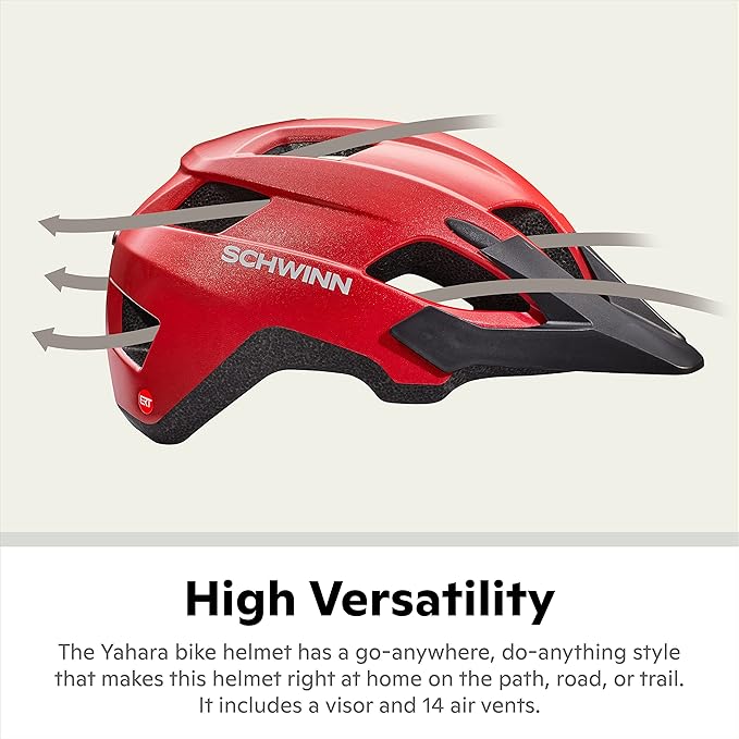 Schwinn Yahara ERT Bike Helmet for Adult Youth Men Women Ages 8 and Up, Can Fit Head Circumference 54-62 cm, with 14 Vents, Removable Visor, and Adjustable Locking Strap