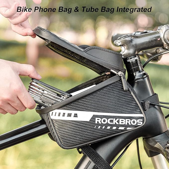 ROCKBROS Bike Phone Front Frame Bag Top Tube Bike Bag Bicycle Handlebar Bag Cell Phone Holder Mount Bag Cycling Accessories Storage Pouch for Phone 7.2”