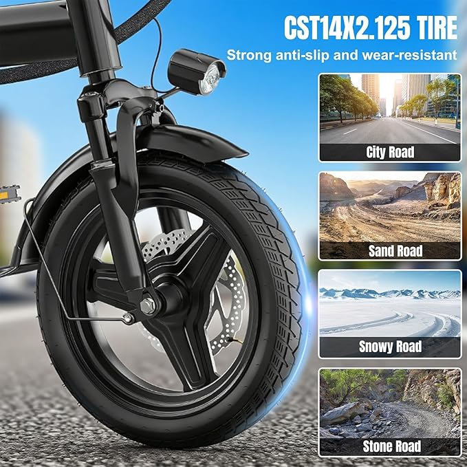 Electric Bike for Adults and Teens, 560W Motor 24MPH Compact Commuter Electric Bicycles, 32 Miles Range, 48V 10Ah Battery, 3 Shock Absorbers, 14" Foldable Ebike with Basket, UL 2849 Certified