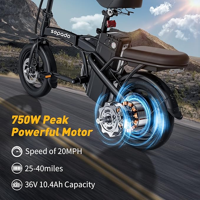 Folding Electric Bike for Adults,750W Peak Motor Mini Ebike,20mph Speed,36V 10.4ah Battery, 20-40 Miles Range,14'' Foldable Electric Bicycle for Riding Commute (Black)