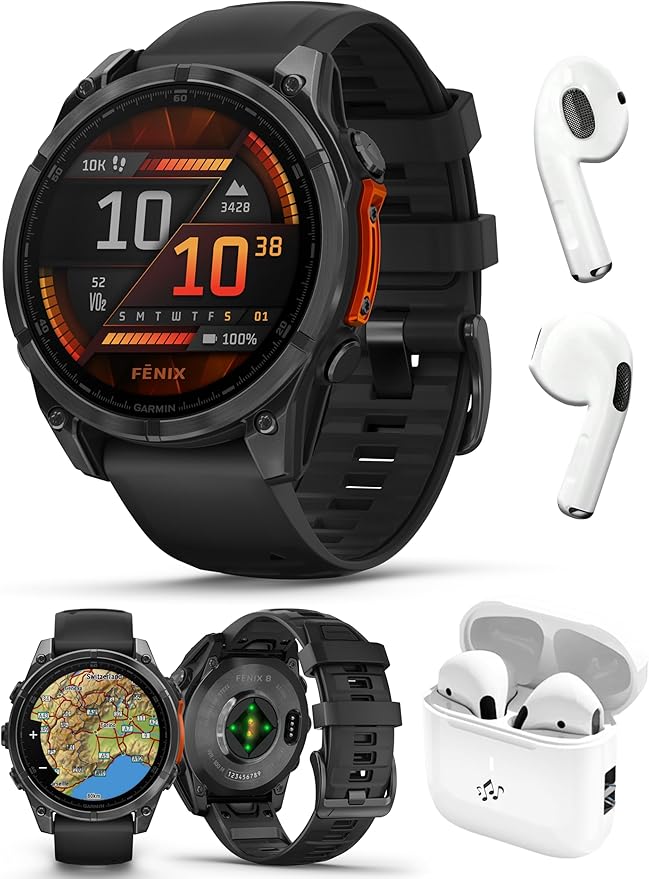 PlayBetter Garmin Fenix 8 AMOLED (47mm, Slate Gray/Black) Multisport GPS Smartwatch Bundle - 1.4” Touchscreen, Built-in LED Flashlight Wireless Running Earbuds