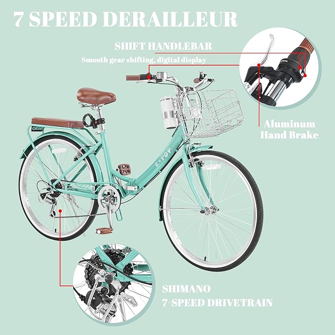 24/26 Inch Foldable Beach Cruiser Bike for Womens, 7 Speed Womens Bike with Basket and Coffee Cup, Commuting Bicycles for Women, Lightweight Complete Cruiser Bikes Bicycle for Ladies Adults