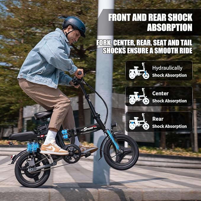 AZHAR Foldable Electric Bike for Adults Teens, 1200W Peak Motor, Up to 25 MPH, 45 Miles PAS Range, Dual Suspension, 14” Tires, 3-Speed Modes, Compact & Portable Electric Mini Bike, Commuting Ebike