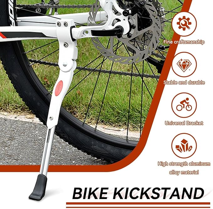 Bicycle Kickstand, Adjustable Road Mountain Bike Side Support Kick Stand, Aluminium Alloy Rear Mount Bike Stand Leg for 20 24 26 Inch Adult Bikes, White