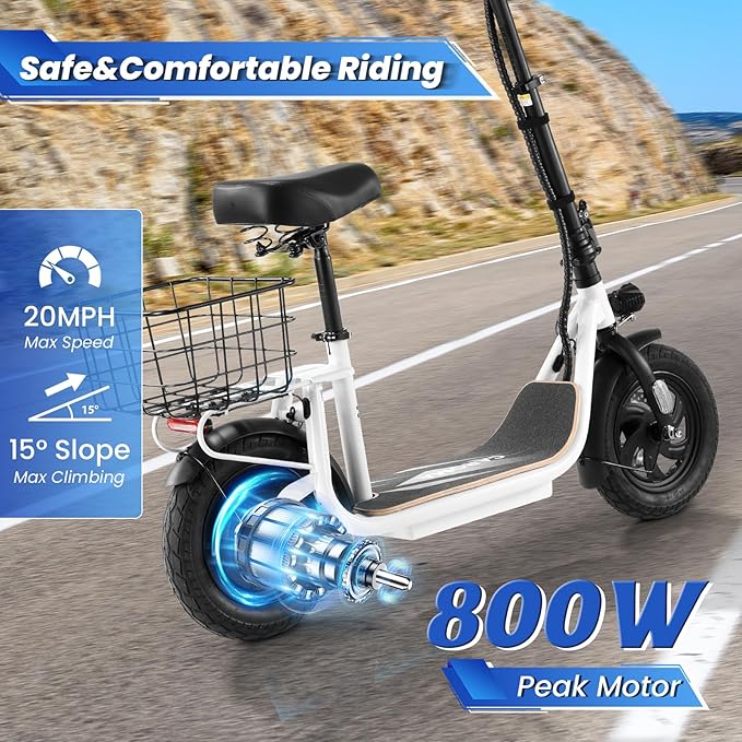 Caroma Peak 1200W/800W Electric Scooter with Seat, 30 Miles Max Range, Electric Scooter Adults, Up to 20MPH Foldable Escooter with Basket,Key Start Adjustable E-Scooter