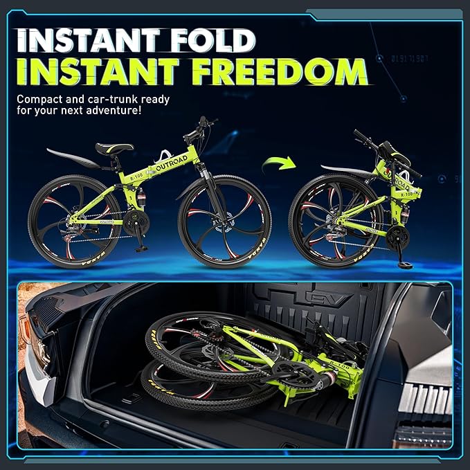26 Inch Folding Mountain Bike, 21 Speed Full Suspension Bicycle Dual Disc Brake Non-Slip Quick Release tire for Adults Men Women(Balck/Pink/Green/Orange/White/Purple)