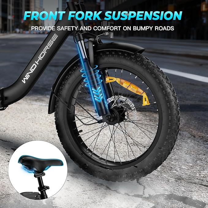 WINDHORSE 20" Foldable Electric Bike, 983W Peak Motor, 20MPH, 40–70 Miles, 48V 748.8Wh Removable UL Battery, Front Suspension, Fat Tire E-Bike for Commuting, Beach, All -Terrain | Adults & Teens