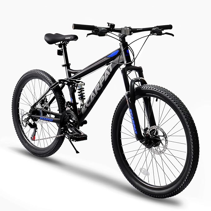 Ecarpat 24/26/27.5 Inch Mountain Bike, Full/Front Suspension Mens Boys Mountain Bike with 21 Speed Steel Frame and Dual Disc Brakes, Adult Sport Bicycle for Trail City Road, Gift Choice