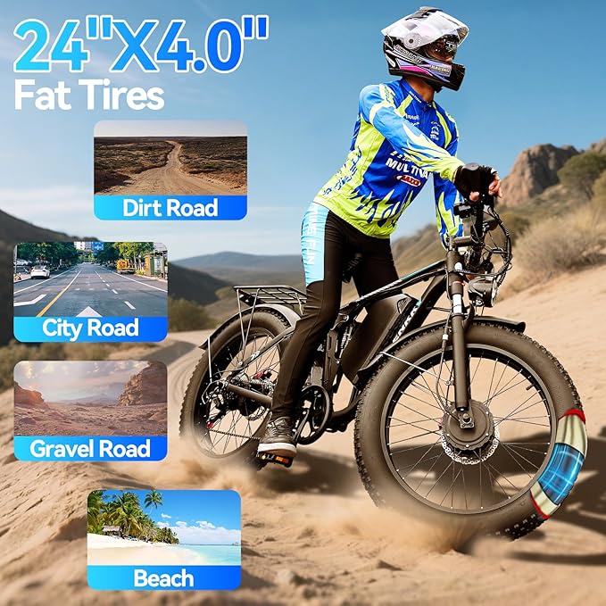 9000W Peak Dual Motor Electric Bike for Adults 46MPH,100Miles Long Range Ebike,7 Speeds,52V 34Ah Removable Battery,Full Suspension 24" Fat Tire E Bike for Mountain Off-Road Commuter Snow