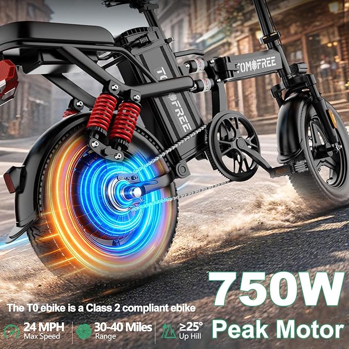 Tomofree Folding Electric Bike for Adults 20-24MPH Peak 750W EBike, 48V 20AH Removable Battery for Electric Bicycles, 40Miles Max Range, 10 Shock Absorbers, 14'' Fat Tire Foldable E-Bike, PAS E Bike