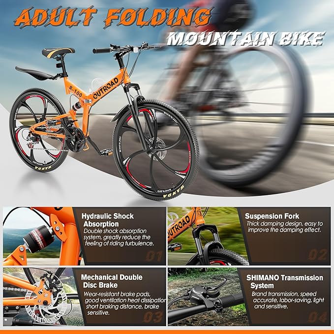26" Foldable MTB – 21-Speed Full Suspension, High-Carbon Steel Frame, Dual Disc Brakes & Quick-Release Tires – Adults & Teens (Multiple Colors)
