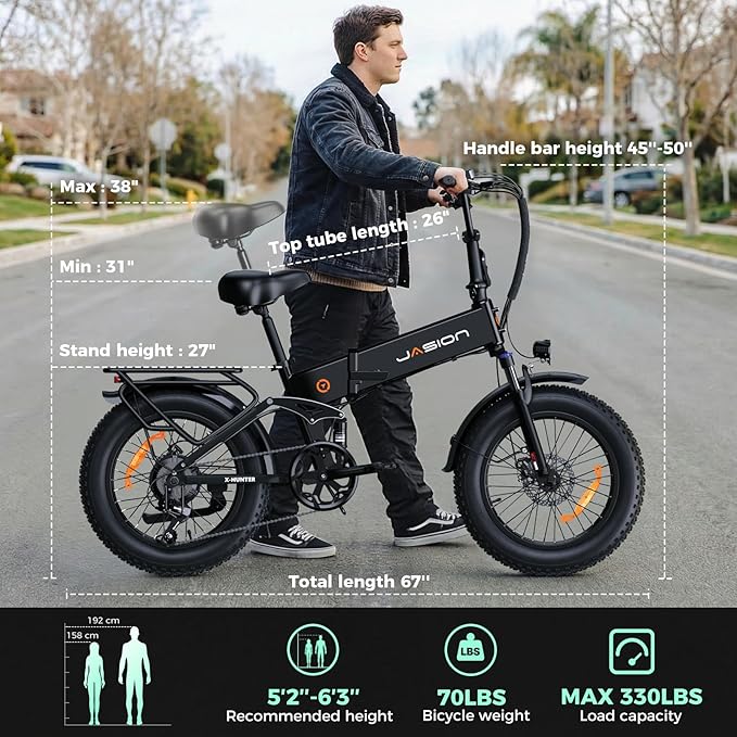 Jasion X Hunter/PRO Electric Bike for Adults,1800W/1400W Peak 20''Fat Tire Foldable Ebike,Folding E Bike Up to 80/70 Miles Range,720/624WH Removable Battery,30 MPH E Bike,Certified by UL2849