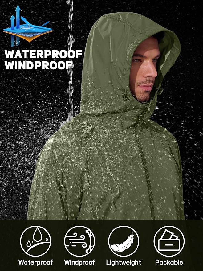 Men's Rain Jacket Windbreaker Waterproof Jacket Raincoat Cycling Running Hiking Gear Hood Lightweight Packable