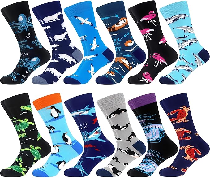 WeciBor Men's Dress Funny Crazy Colorful Novelty Combed Cotton Crew Socks 12 Pack - Size 7-10/10-13/13-15
