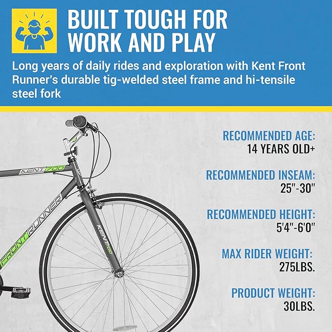 Kent International Front Runner Hybrid Bike - 700c - City Bike with 7 Speed Drivetrain, Lightweight Alloy Wheels, and Height Adjustable Seat Post and Stem - Great for Women and Men Ages 14+