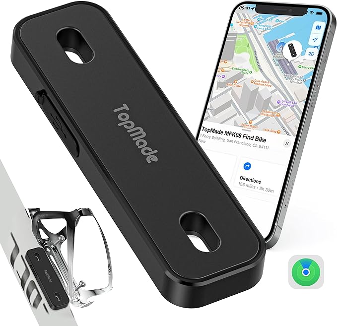 TopMade Bike Tracker, Works with Apple Find My (iOS Only), Global GPS Location on iPhone, iPad, Mac & Apple Watch, Bike Finder, Mount for Bottle Holder, Waterproof, Dustproof, Rechargeable, Black