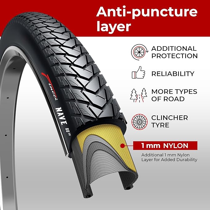 Fincci Pair 700x35c Tire 37-622 Foldable 60 TPI City Commuter Tires with Nylon Protection for Cycle Road Mountain MTB Hybrid Touring Electric Bike Bicycle - Pack of 2X 700 x 35c Tires Nave