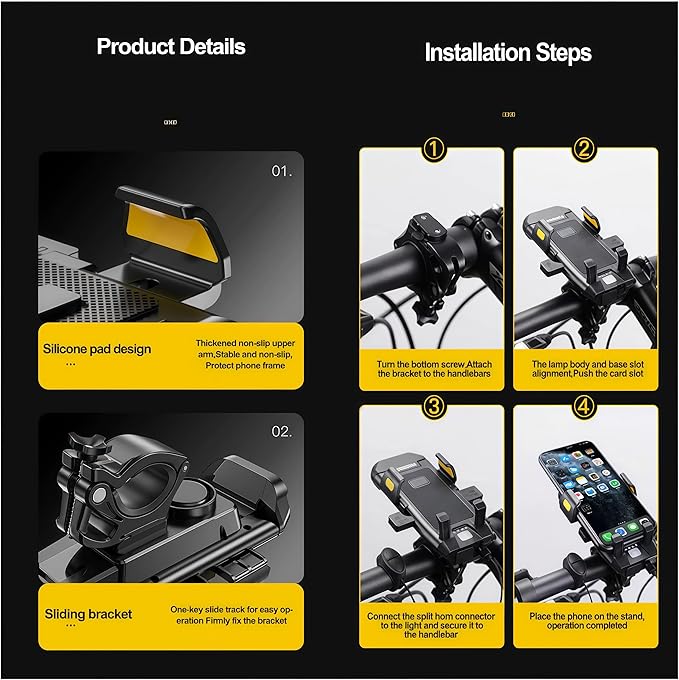 4 in 1 Bike Phone Mount with Light, Bicycle Phone Holder with 500 Lumen LED Headlight,3000mAh USB Charger&130dB Horn,Easy Install for Handlebar,E-Bike,Road & Mountain Bicycle(Black)