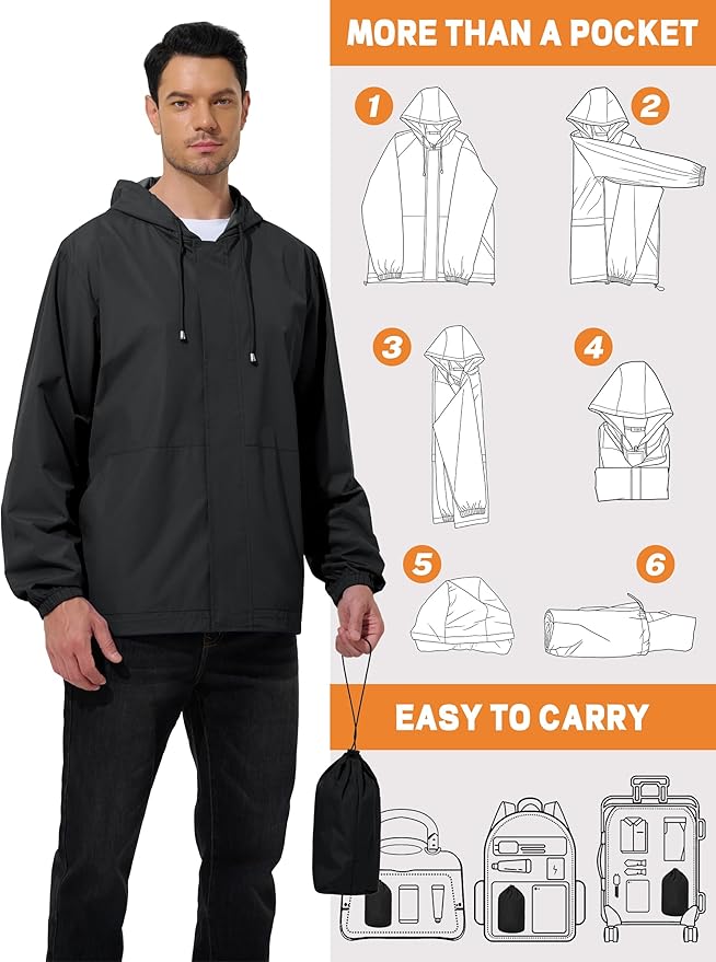 Men's Rain Jacket Waterproof Windbreaker Raincoat Cycling Running Hiking Golf Travel Gear Hood Lightweight Packable