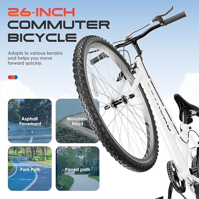 26 inch 7-Speed Commuter Bicycle,Hybrid Bicycle,Men's Cruiser Bike/Mountain Bike V Brake,Metal Frame, Adult Bike (Black, White, Blue, Green, Purple, Pink)