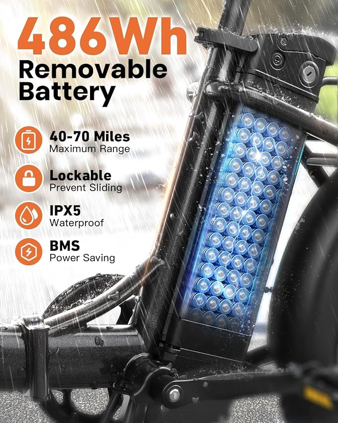 Electric Bike, 1000W Peak Folding Electric Bike, 486Wh 70 Miles Range Ebike, Waterproof Removable Battery, 7 Speed, 25 MPH Max, 20" Step-Thru Bicycle with Front Basket
